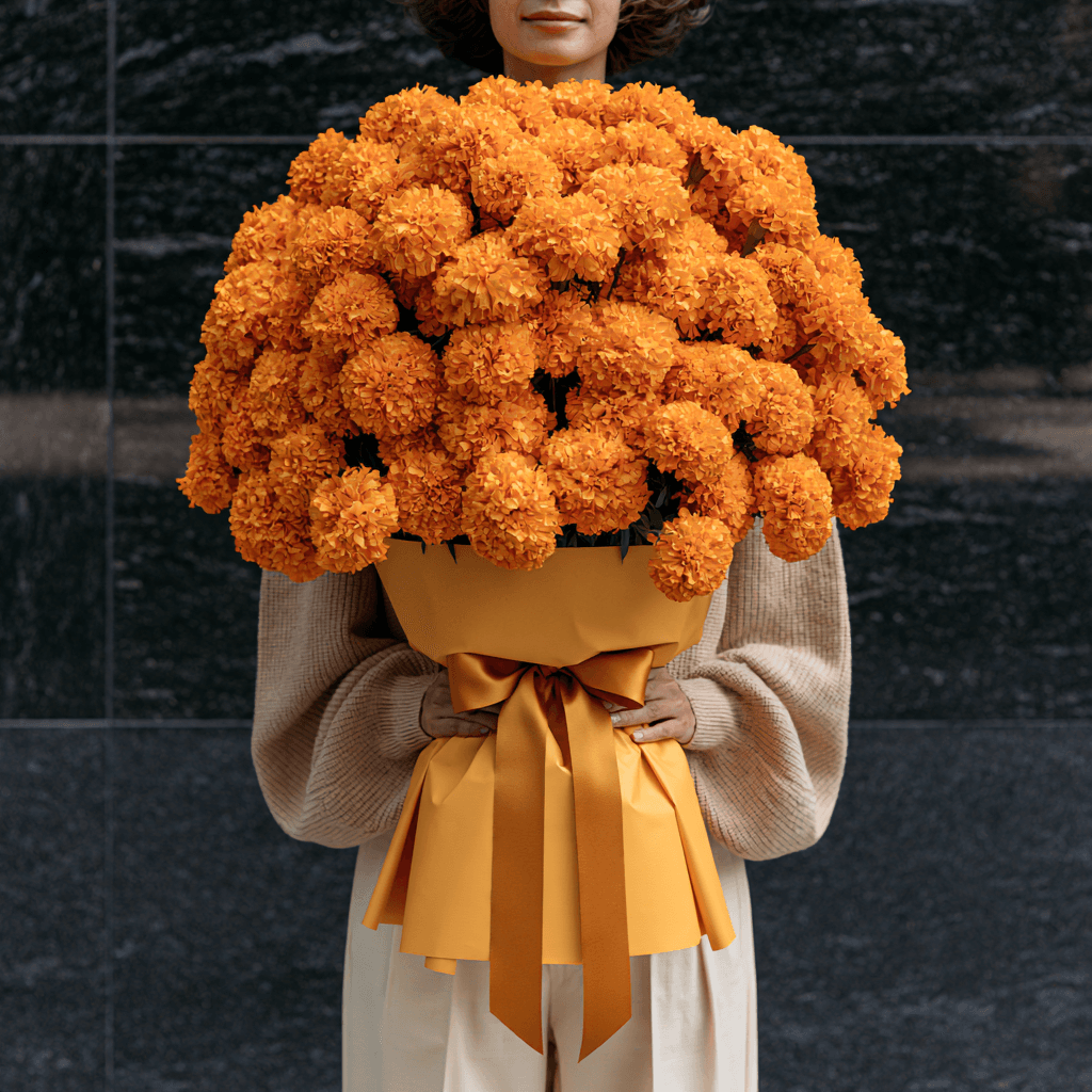 Marigold Mehfil bouquet, festival colour hand-tied dense and round