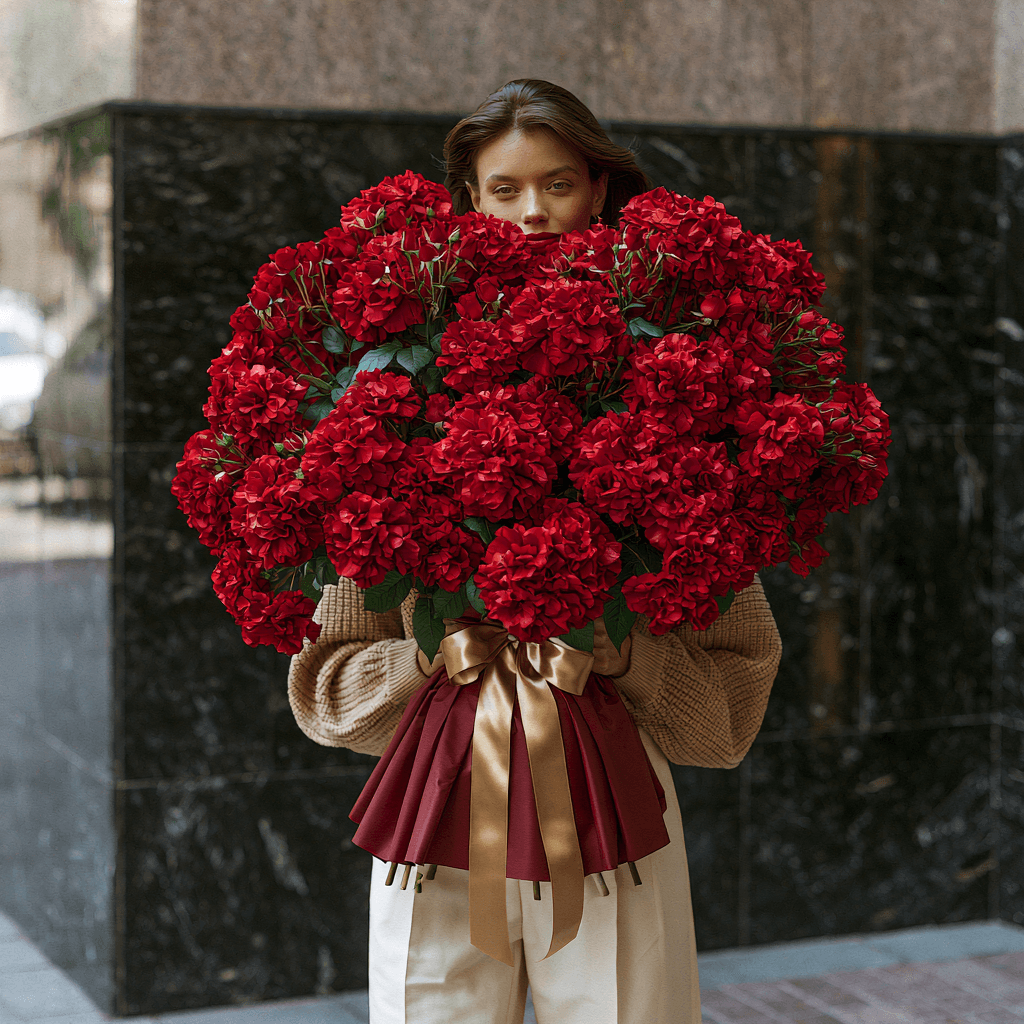 Hand-tied Ruby Zenana bouquet of deep ruby garden roses